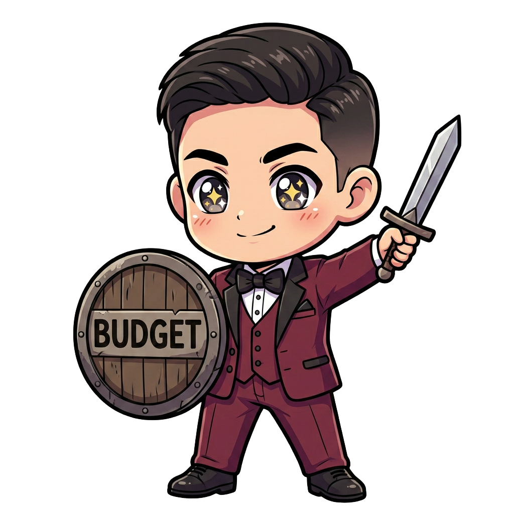 Broke Isekai chibi hero mascot holding a budget shield and sword