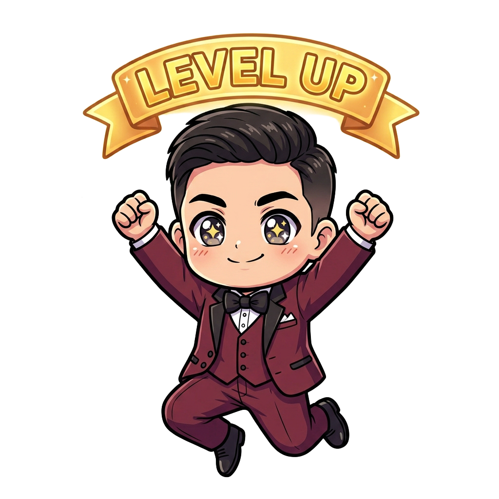 Chibi mascot celebrating a level up